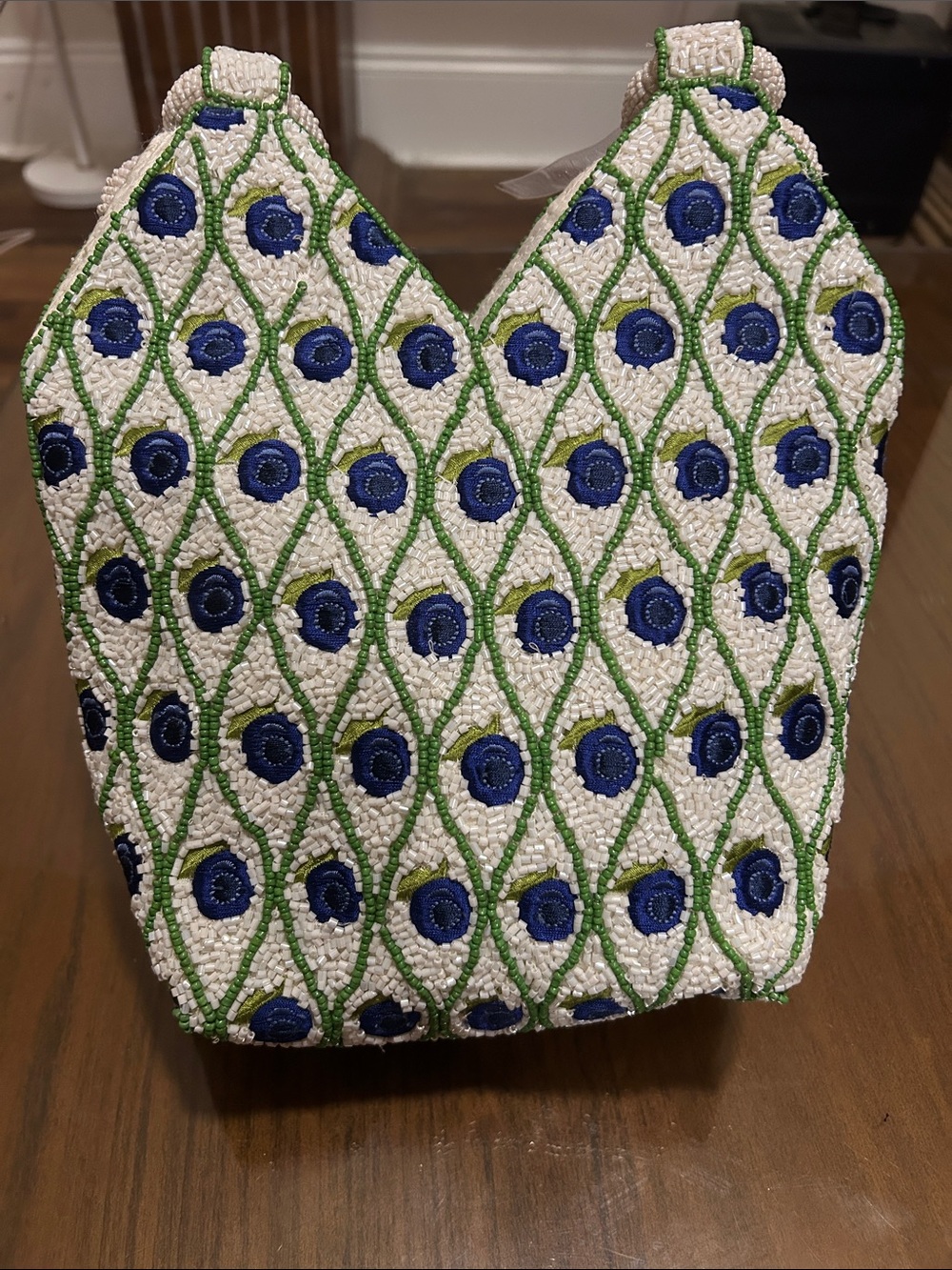 INC International Concepts White Beaded Handbag with Blue & Green Motif